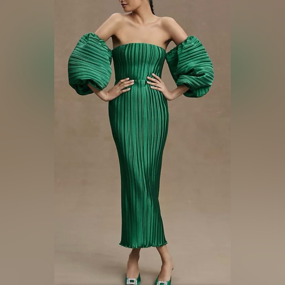BHLDN Emerald Green Off-Shoulder Midi Dress with Puff Sleeves